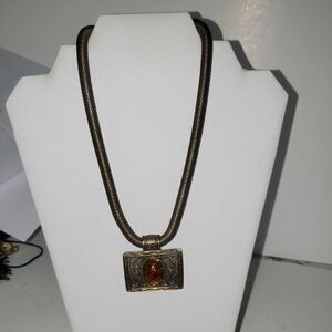 A Chunky Amber Colored Stone And Pewter Boho Brutalist Necklace Snake Chain